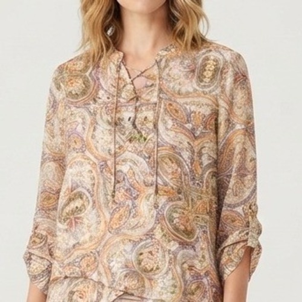 Chico's Blouse Womens 0 Small Orange Paisley Lace Up Tassel Roll Tab Sleeve Boho